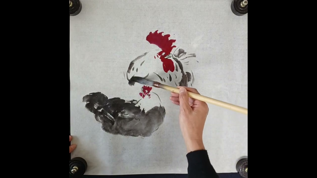 느린영상 닭그리기 아홉번째 #암탉과수탉 #매화와닭 #홍매 #사군자 #닭그림