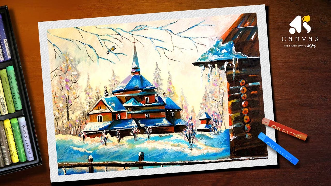 Oil Pastel Winter Scenery Drawing / Winter Landscape Scenery Drawing with Oil Pastel