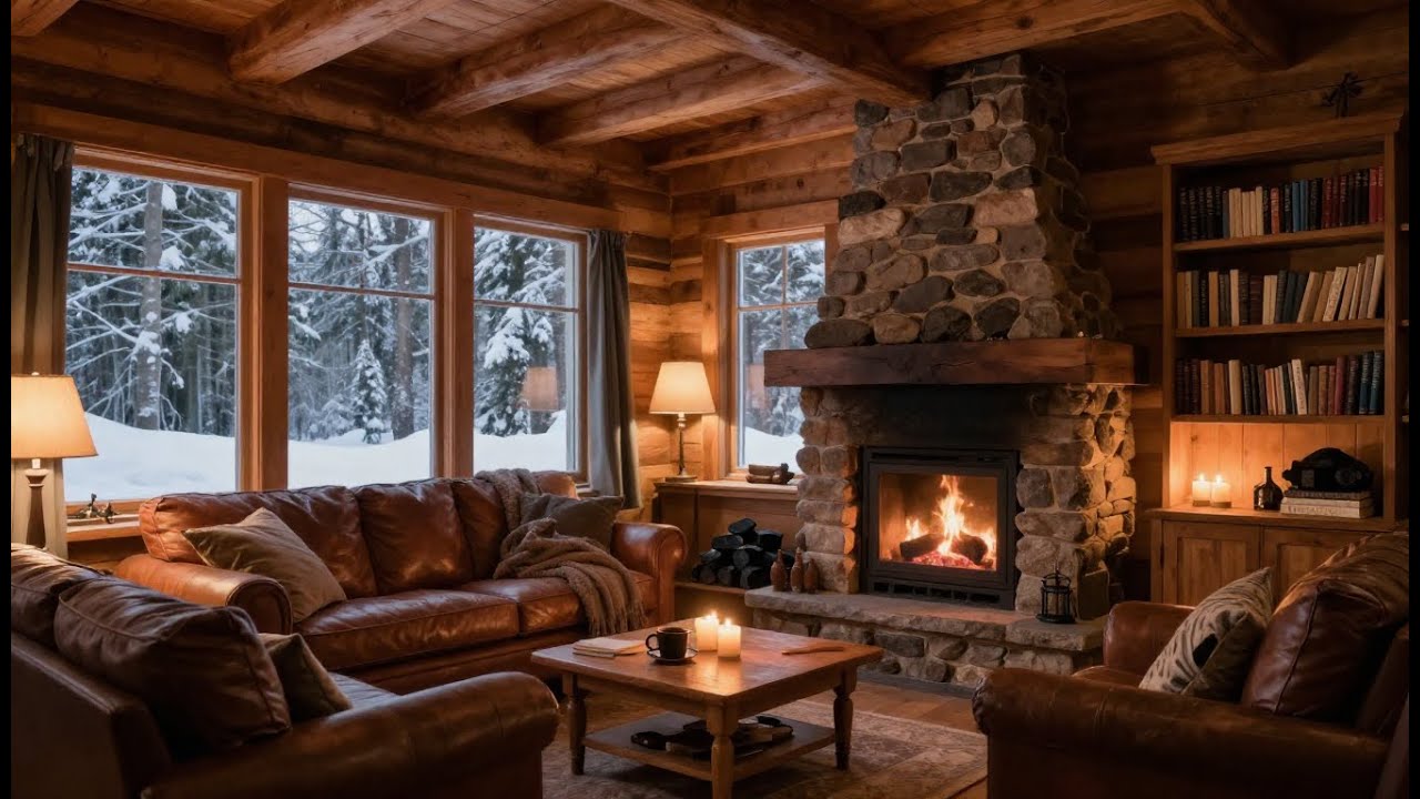 Cozy Winter Coffee Shop Ambience ❄️ Warm Jazz Music & Crackling Fireplace for Relax, Study & Work