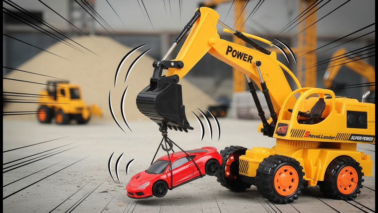 Giant Excavator Digging Deep to Rescue Fire Truck, Police Car, Dump Truck & Toy Cars Site