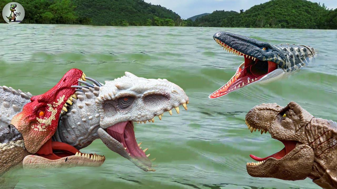 SPINOSAURUS Vs INDOMINUS Vs T-REX Vs MOSASAURUS Territorial Battle | Jurassic World