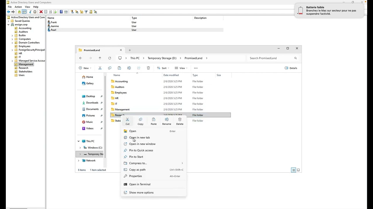 Active Directory Users and Computers – Organizational Units, Users, and NTFS Permissions