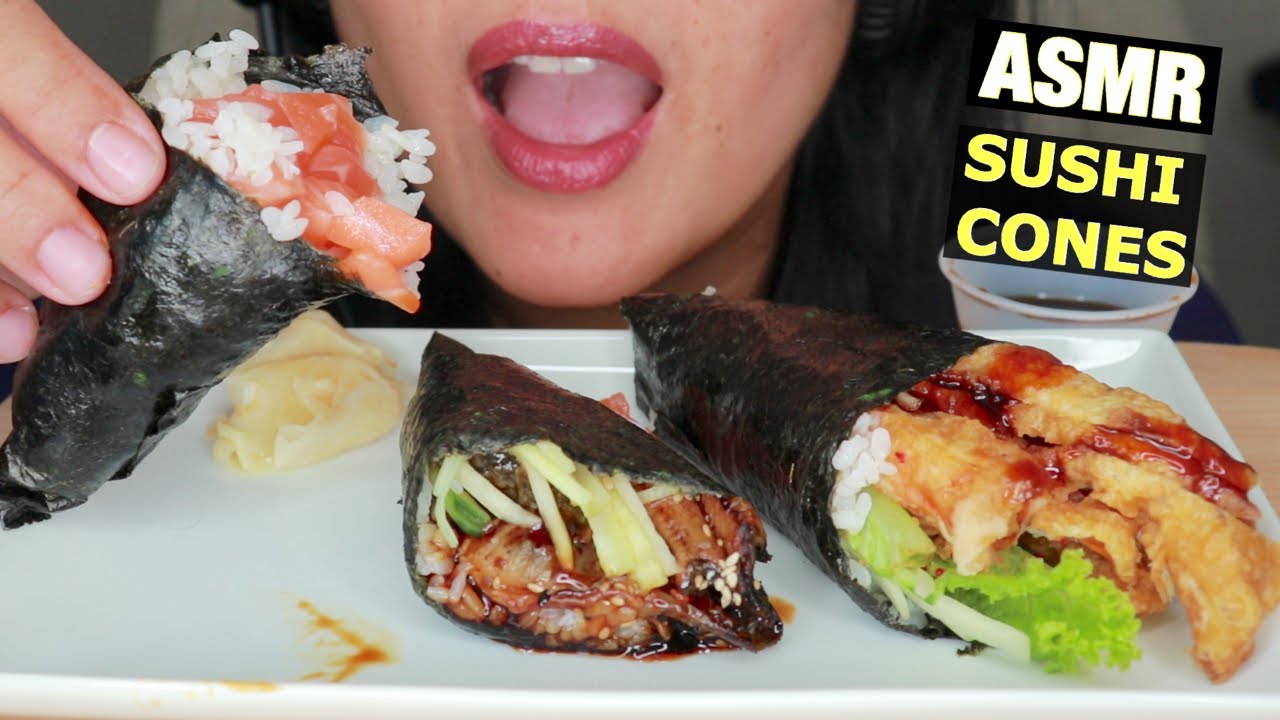ASMR SUSHI CONES HAND ROLLS - SALMON, EEL, CRAB - SEAFOOD EATING SOUNDS