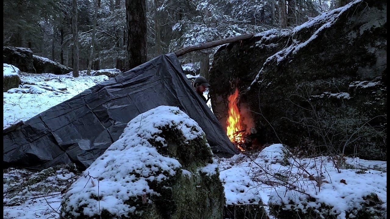 SOLO Winter Camping in Snow - Deep Woods, Cheap Tarp/Big Rock Shelter, Swedish Torch Cooking