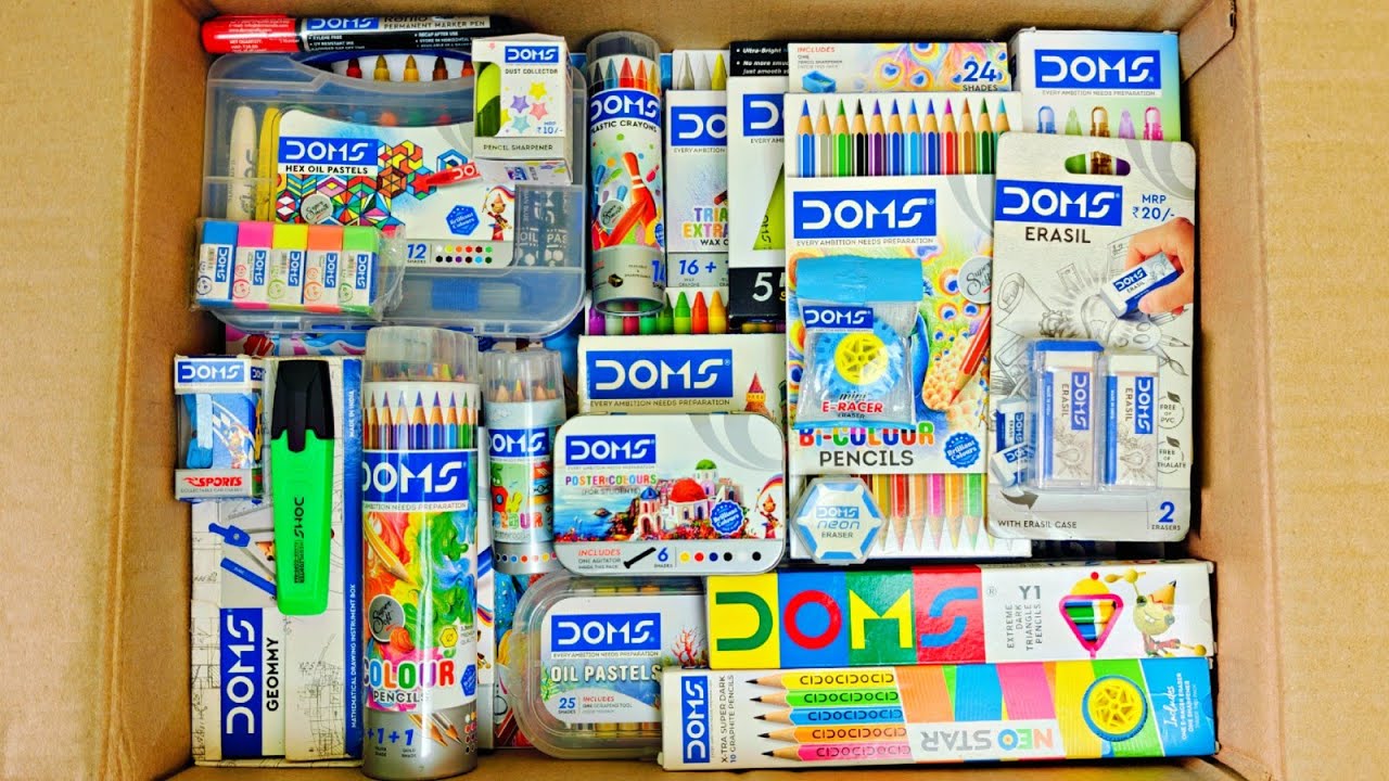 Unboxing DOMS Stationery, Modelling Dough, Pencil, Oil Pastel, Poster Colour, Eraser, Wax Crayons