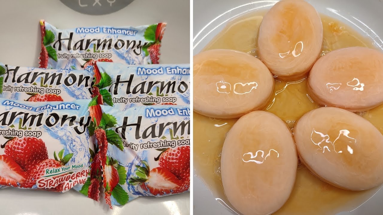 ASMR Soap🧼 Soaked Soap Harmony Strawberry 5 Pcs 🧼🍓❤ with Sponge🧽 Sponge Squeezing #soakedsoapasmr