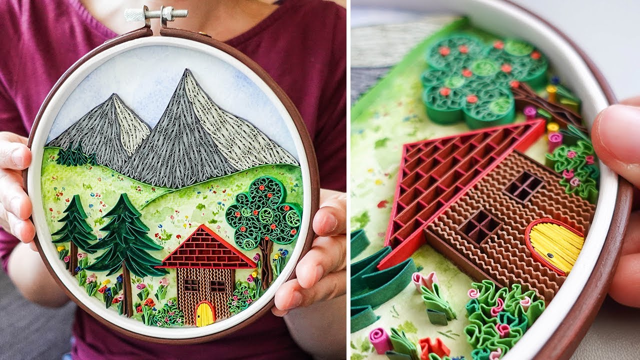🏠⛰️ DIY Paper Quilling Landscape Art inside Embroidery Hoop - House in the Mountains