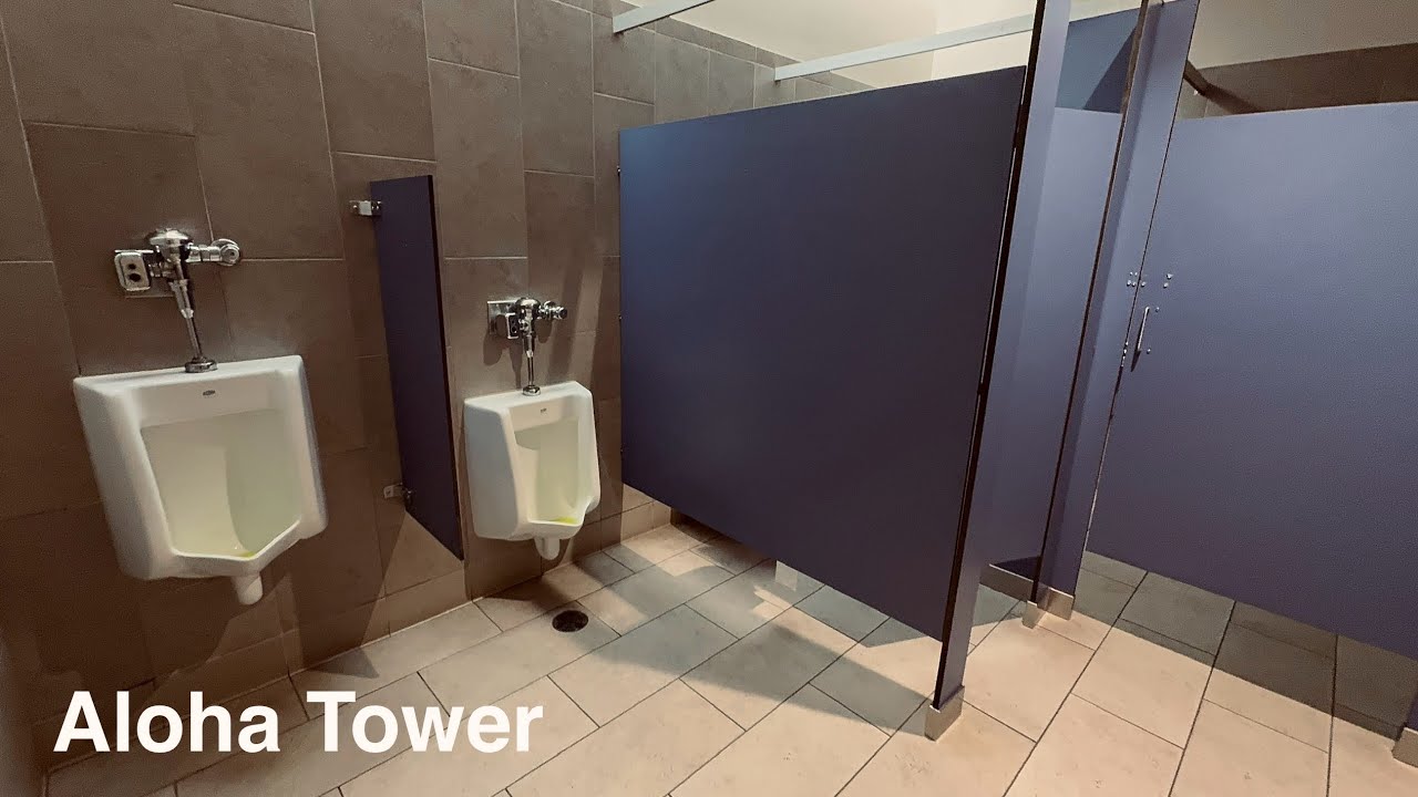 Men&rsquo;s Women&rsquo;s Restroom Zurn Urinal & EcoVantage Toilet Flush, Hand Dryer | Aloha Tower, Honolulu, HI