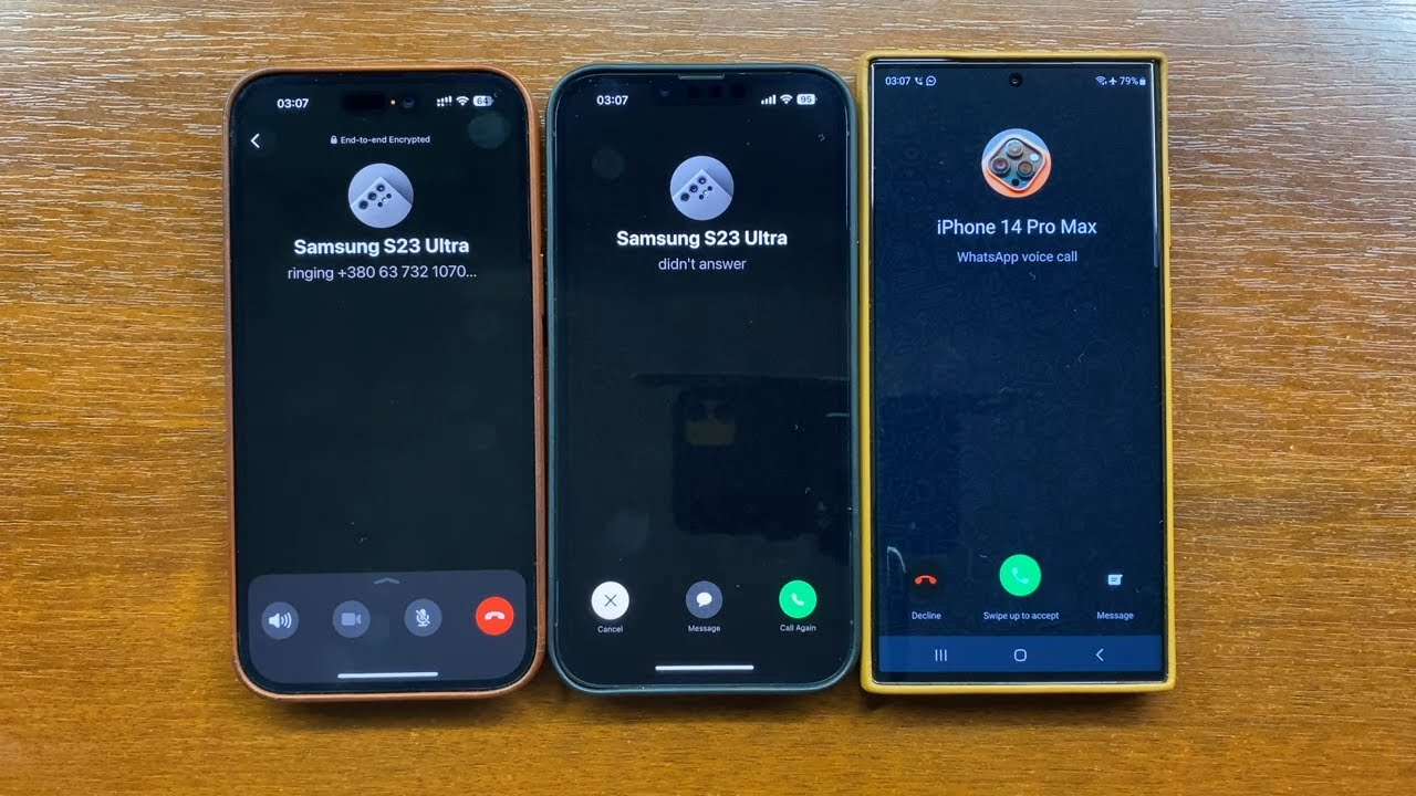 Apple iPhone 14 PM vs 13 PM Outgoing Call Battle to Samsung S23 Ultra. WhatsApp Group Incoming Call