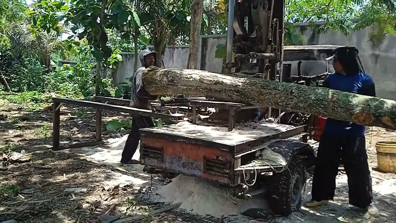 SKIL LUAR BIASA....!!! proses gergaji kayu jati super panjang dengan mesin gergaji bandswow rakitan