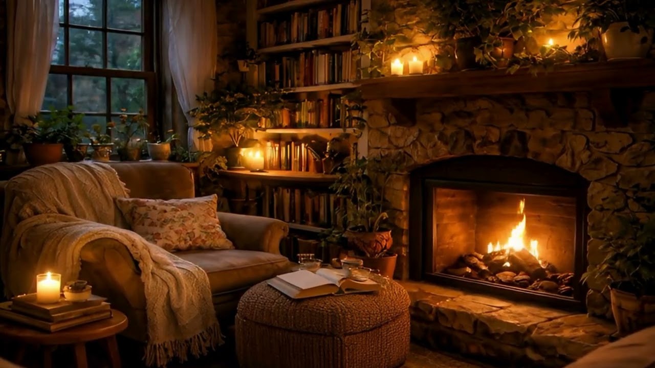 30 Minutes Sleep&Deep Reading Relaxation🕯️🌧️The Book Nook Soundscape Rain&Fireplace Ambience 🌧️🕯️