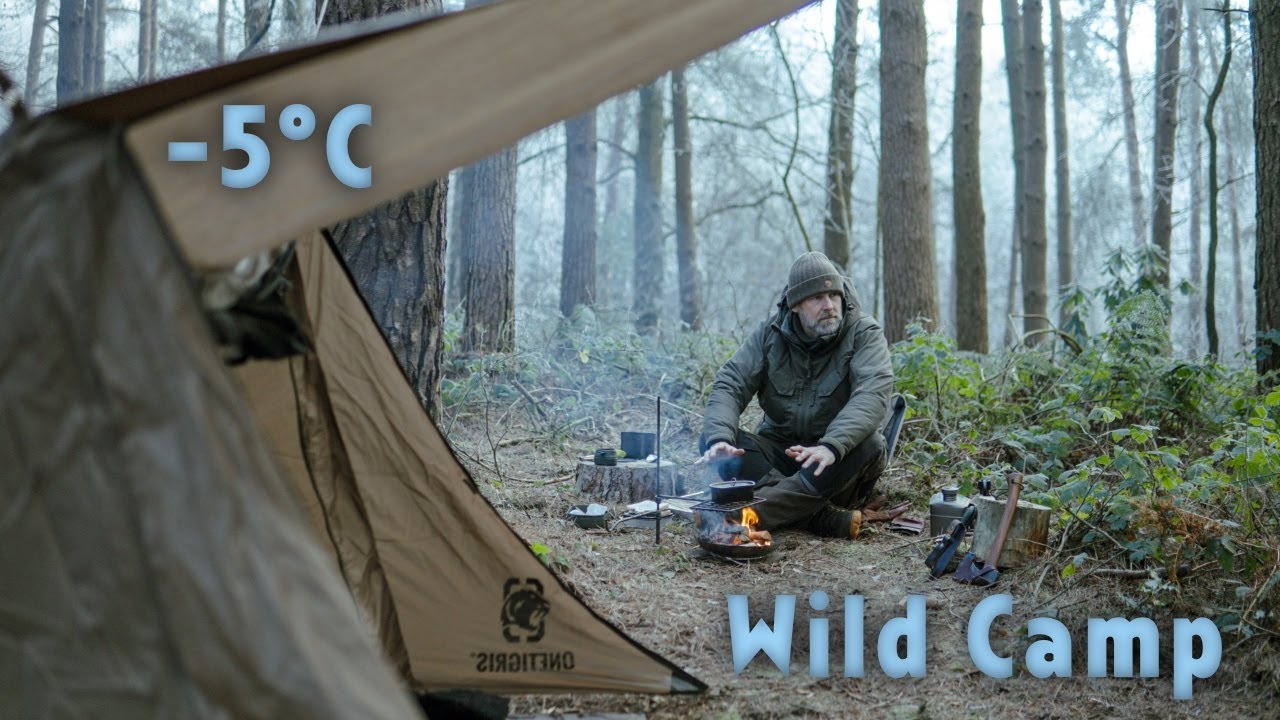 -5°C Freezing Solo Wild Camping In The Woods | OneTigris Backwoods Bungalow 2.0 | Winter Pine Forest