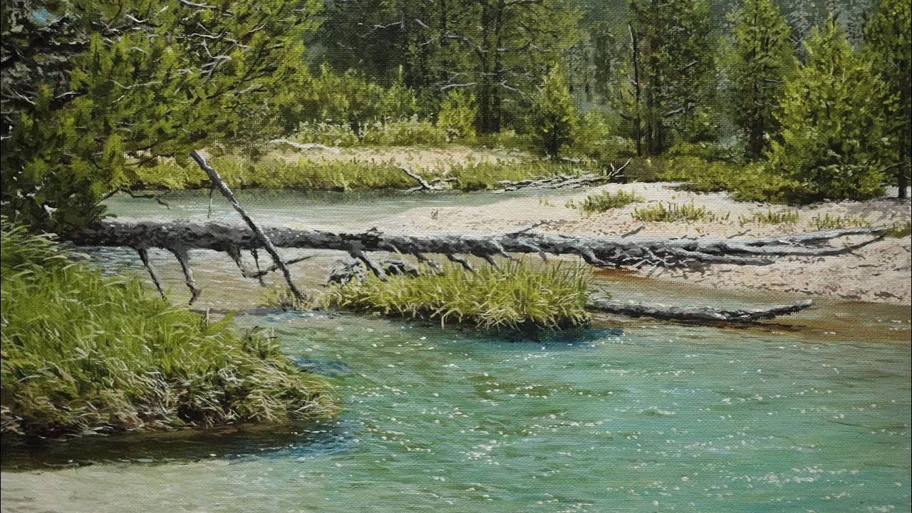 Painting a Beautiful River Side Landscape With Acrylics | Time lapse /80