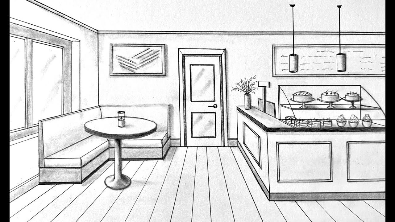 How to draw a room in one point perspective, a coffee shop restaurant