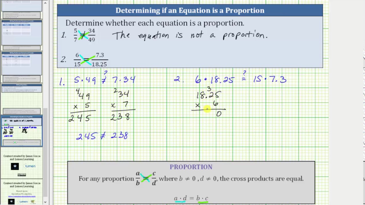 Determine if an Equation is a Proportion (Cross Products)