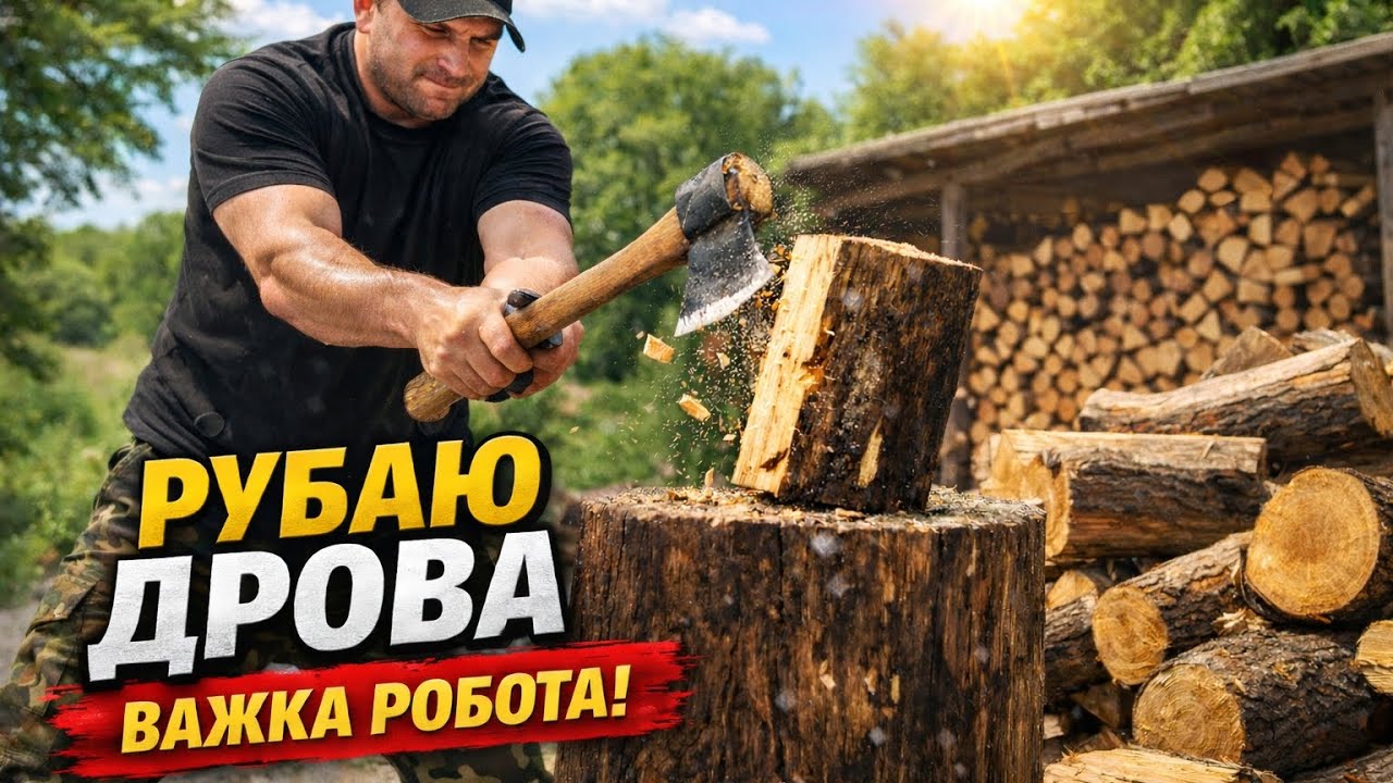 Справжня сільська робота — рубаю дрова