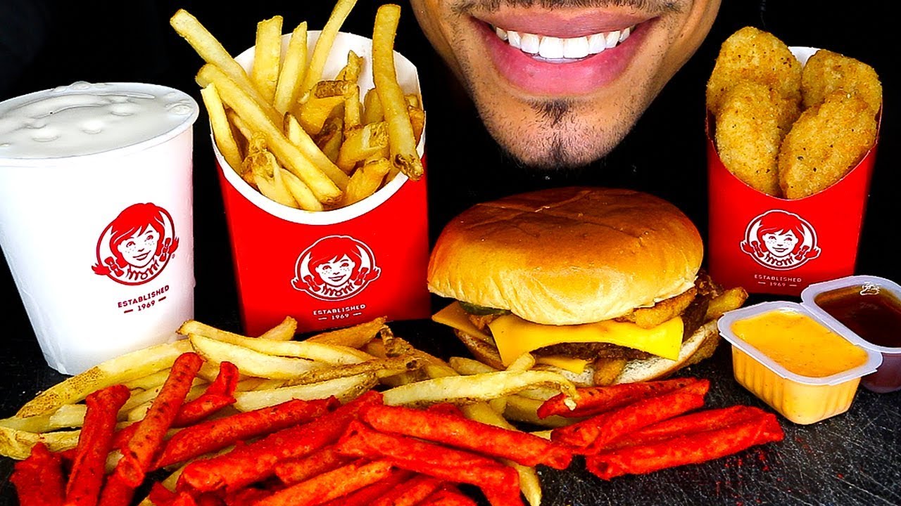ASMR WENDY'S EATING SHOW TAKIS MUKBANG $5 BIGGIE BAG NUGGETS BBQCHEESEBURGER FROSTY FRIES NO TALKING