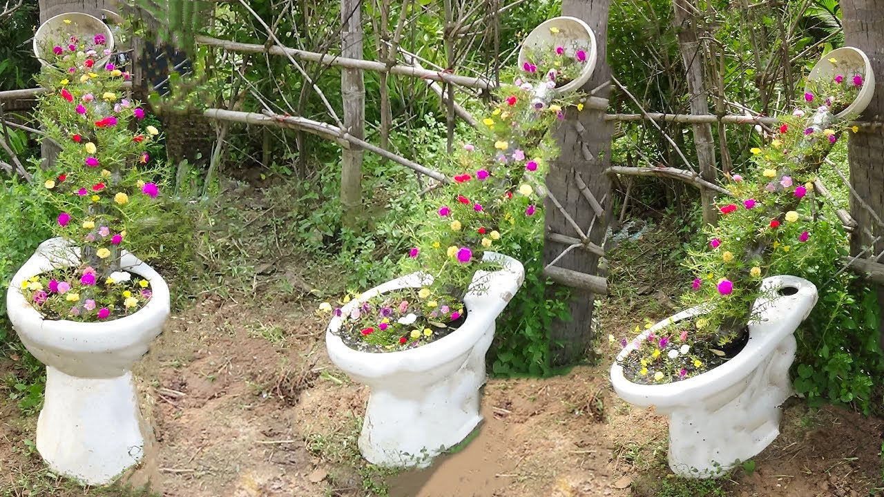 DIY make discretion garden ideas growing flower in recycled old toilet bowl
