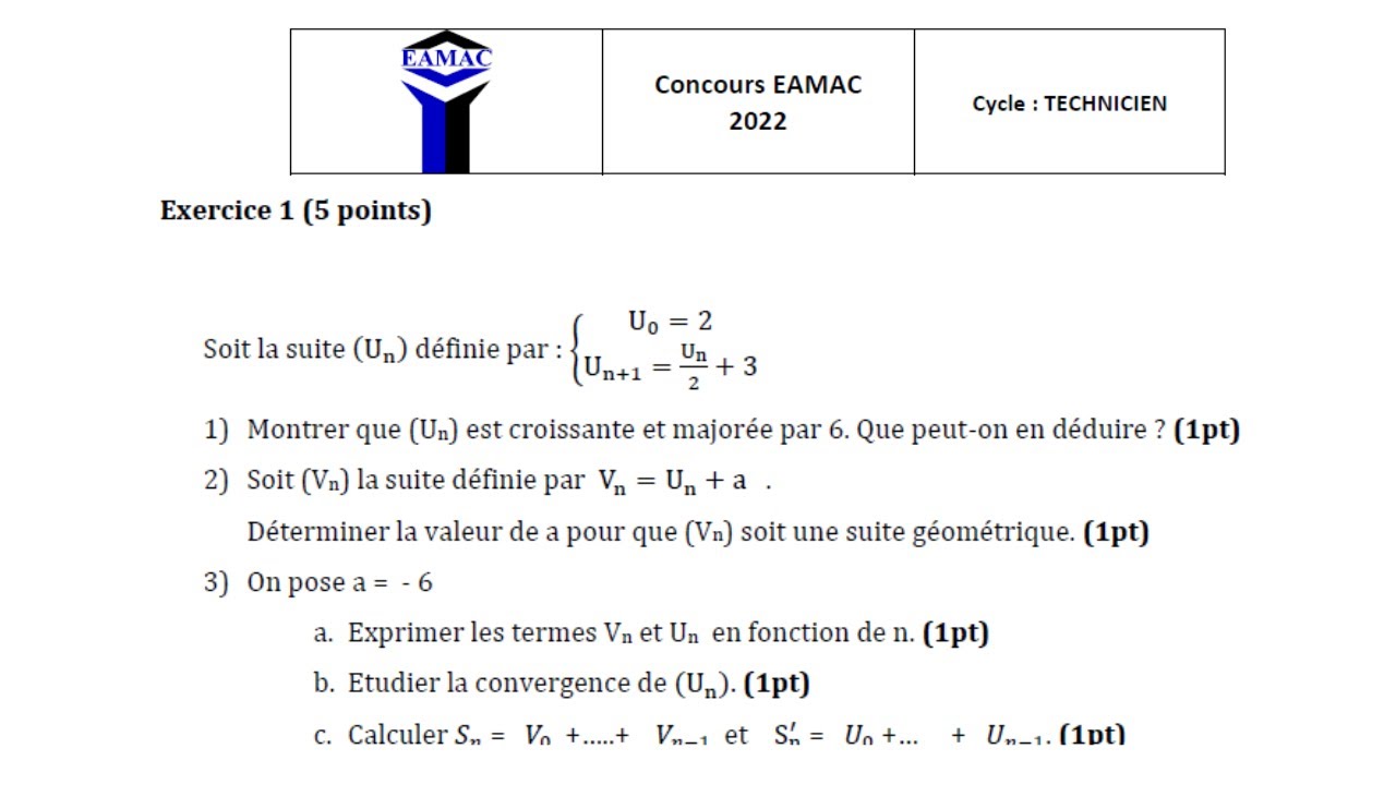 Solution Exercices 1 Maths Concours EAMAC 2022 Niveau Technicien Supérieur.