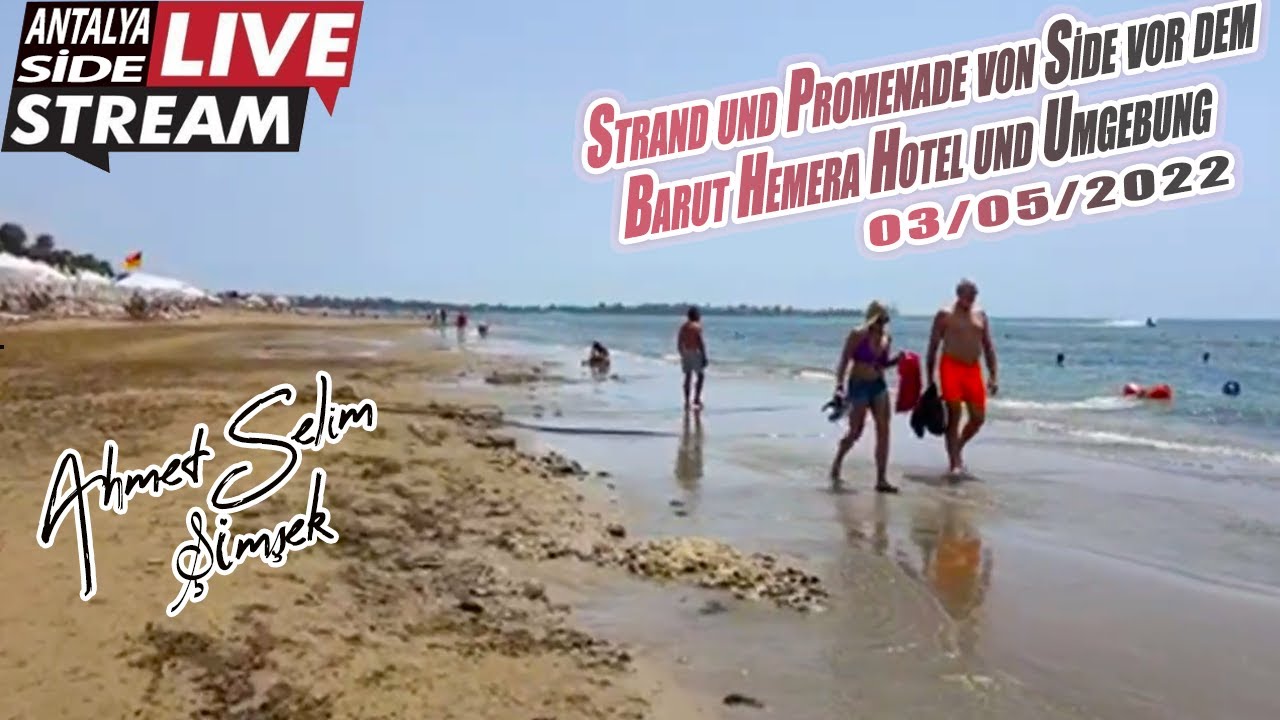 Strand und Promenade von Side vor dem Barut Hemera Hotel und Umgebung. Live