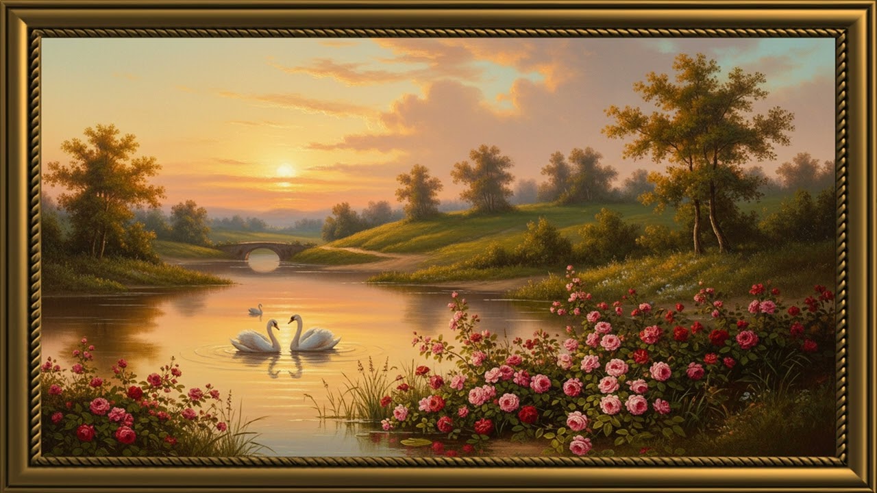 12 Hours Romantic Riverside Villas & Textured Floral Masterpieces |European Sunset Art Gallery in 4K