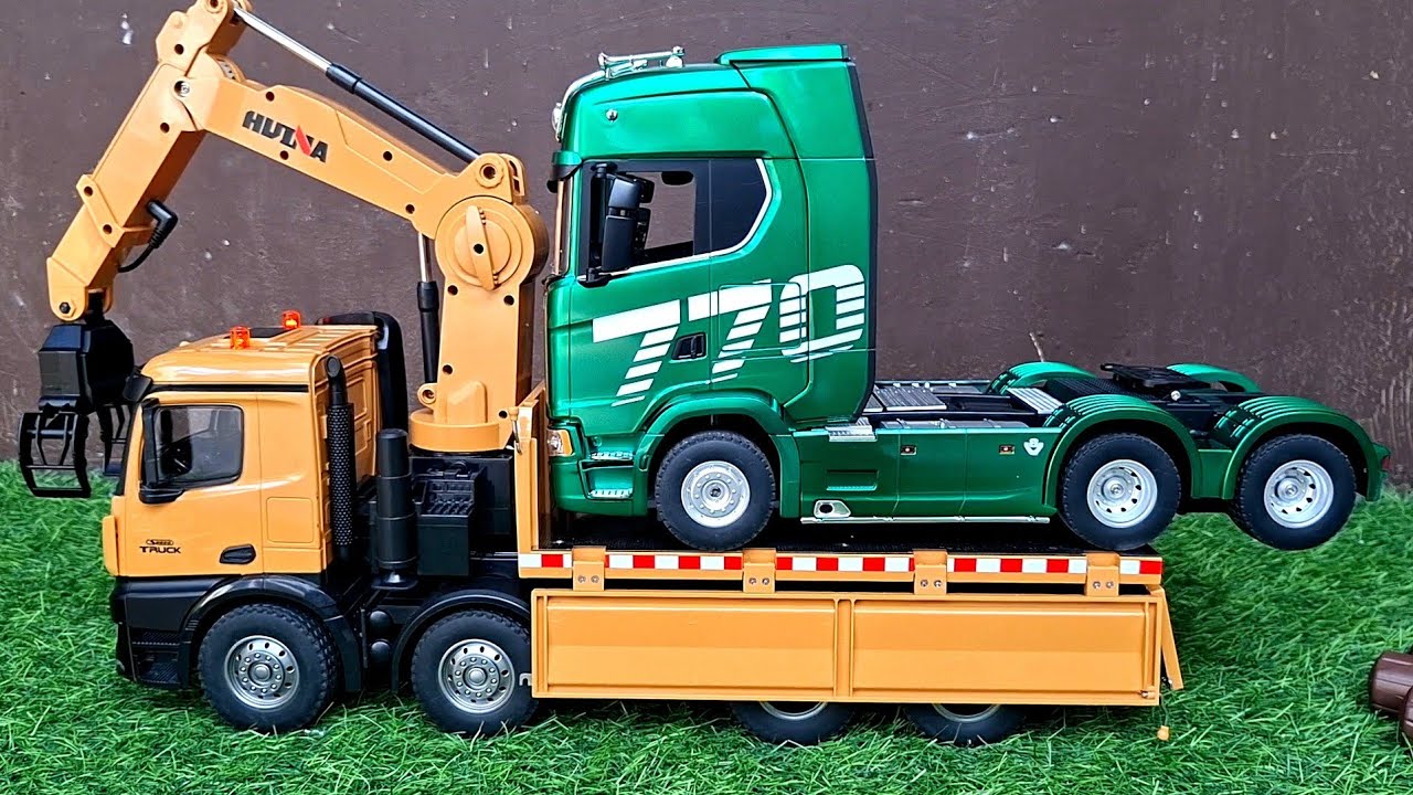 unboxing mobil remot truk rc scania hijau, truk derek huina