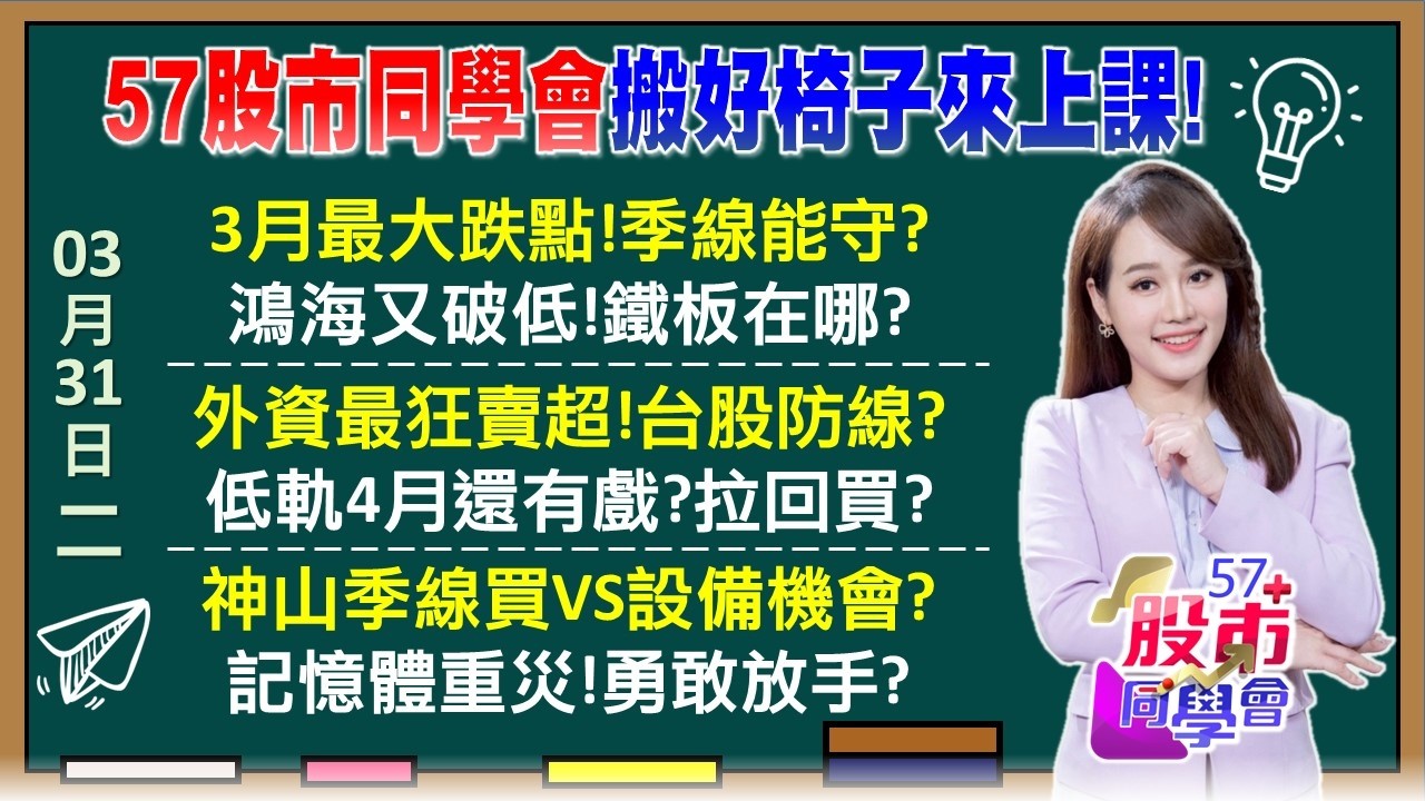 多頭總司令張錫壯膽！台積電季線閉眼買 年底笑？美光大股東都套了！記憶多蛙3月慘敗 4月反攻？3月別灰心！輝達跌出大特價 黃仁勳4月領軍反攻？《57股市同學會》葉子菁 蕭又銘 林柏錦 李健明