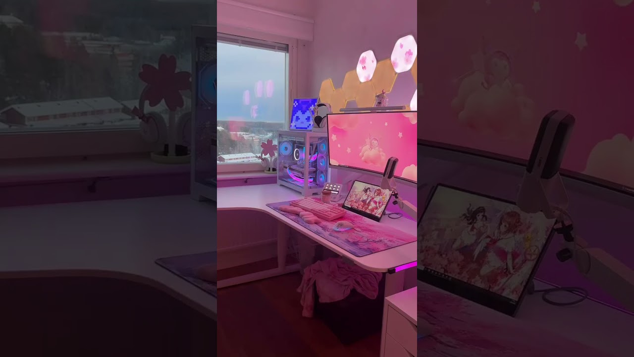Dreamy Pink Gaming Setup 🌸 | Soft Lighting & Window View | #roomtour