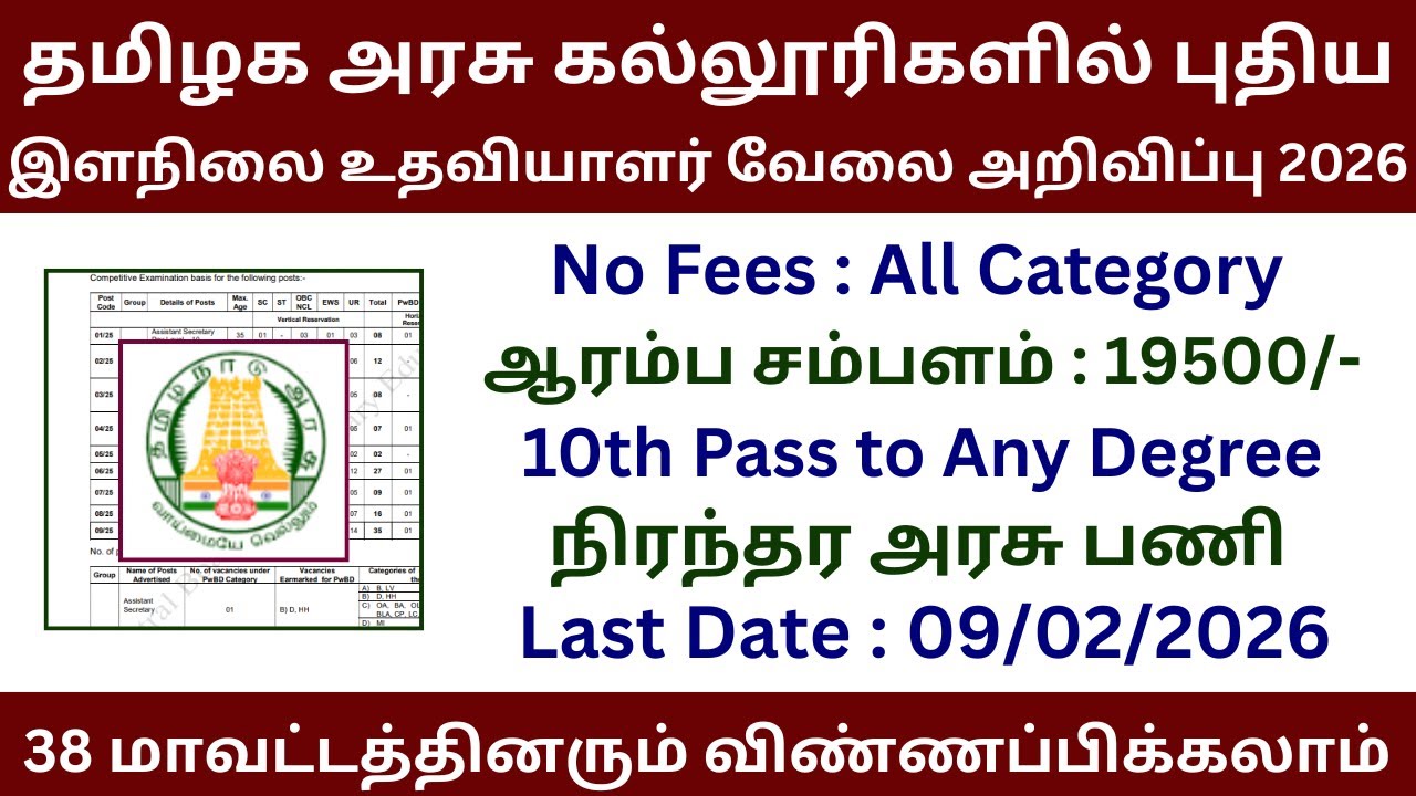 🔥 தமிழக அரசு கல்லூரிகளில் புதியஇளநிலை உதவியாளர் வேலை அறிவிப்பு 2026 | Job Vacancy 2026 in Tamil Nadu