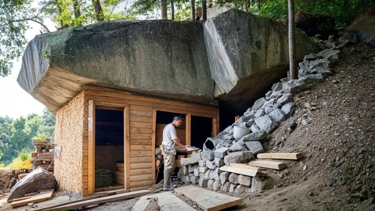 I Spend 30 Days to Built a BUNKER Out of STONE and LOGS in the Mountain