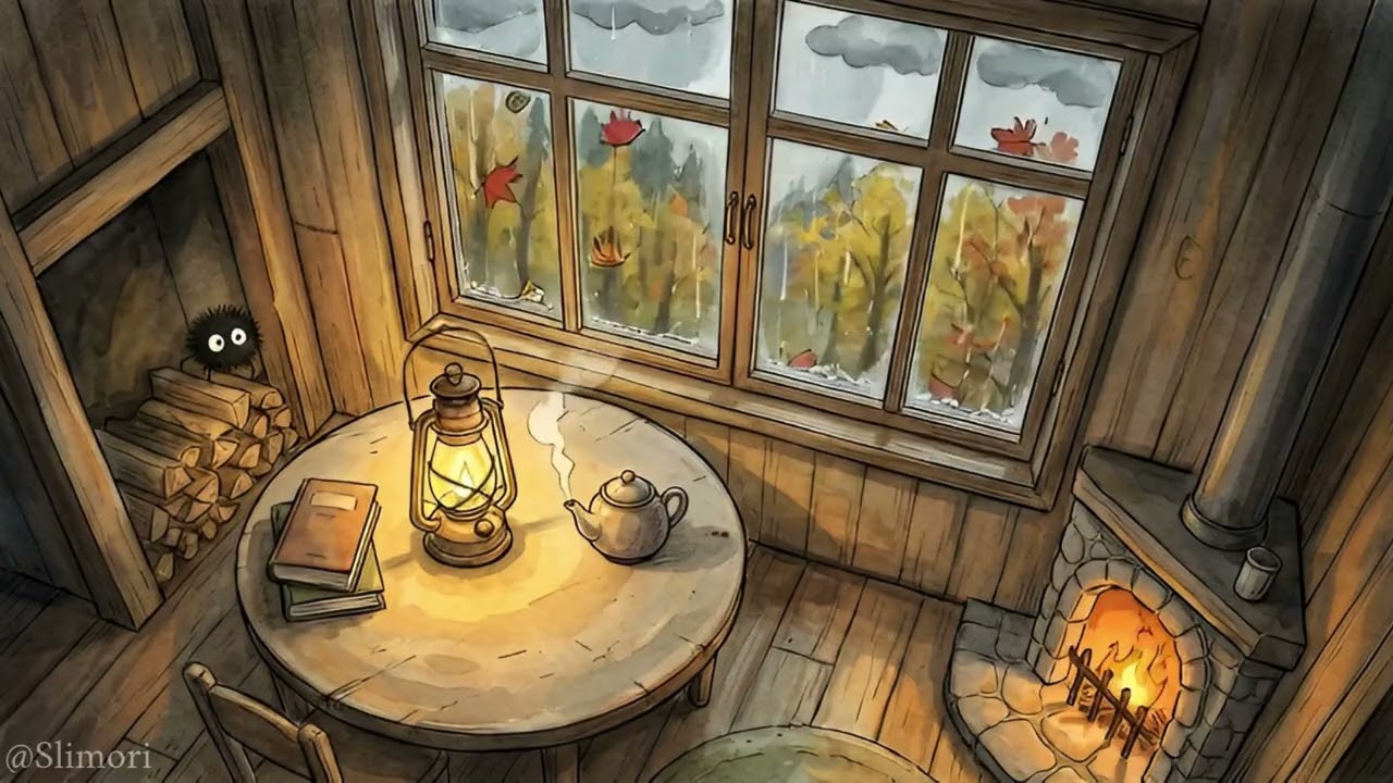 Cozy Rainy Cabin 🍂 Ghibli Style ASMR | Fireplace, Rain Sounds Ambience for Relaxation & Sleep
