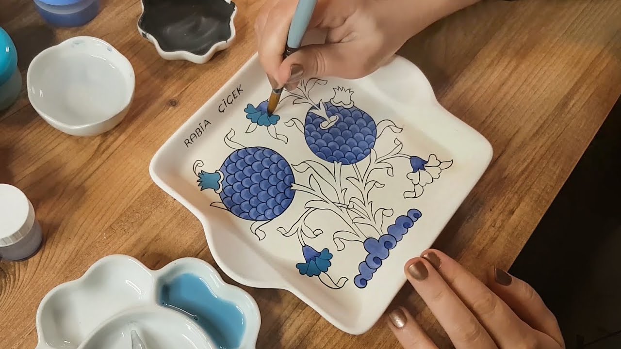 ÇİNİ YAPIMI | Stilize NAR Deseninin TABAK Çizimi ve Boyaması | Çini Nasıl Yapılır? |  #seramik #çini