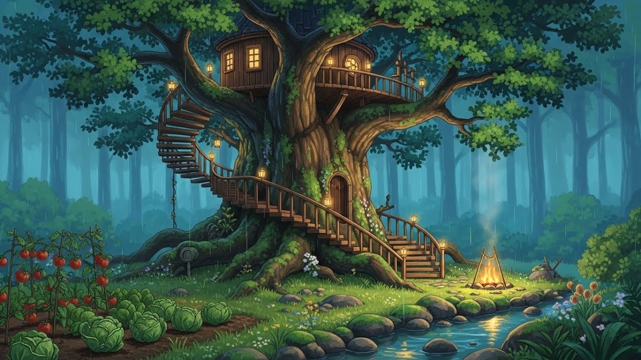Cozy Rain in a Treehouse | Studio Ghibli–Inspired Ambience