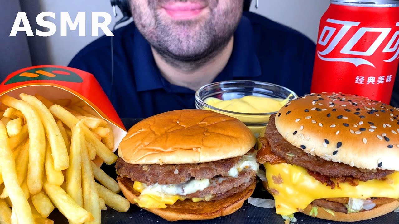ASMR EATING TRIPLE CHEESEBURGER, BACON BIG MAC & FRIES WITH CHEESE SAUCE | MCDONALDS RUSSIA MUKBANG