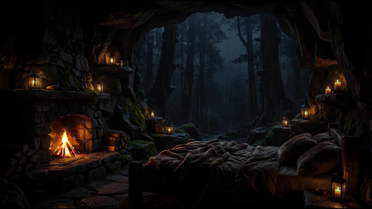 🌙 Rain & Fireplace in a Cozy Cave | Relaxing ASMR Sounds for Deep Sleep