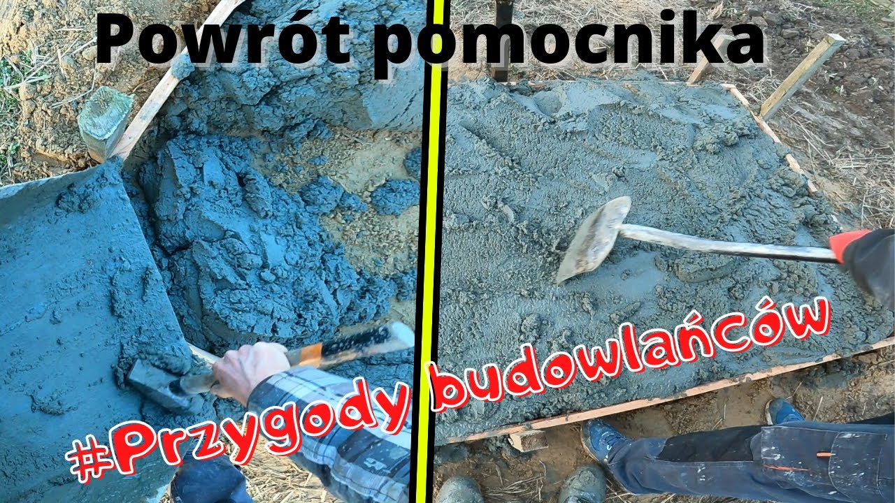 Majster z  pomocnikiem betonują płytę pod zbiornik gazowy.#Lektor