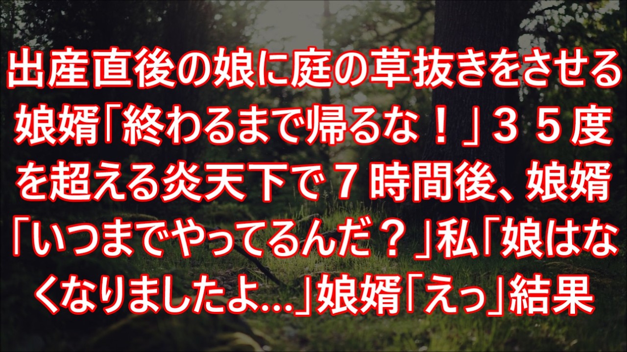 出産直後の娘に庭の草抜きをさせる娘婿「終わるまで帰るな！」３５度を超える炎天下で７時間後、娘婿「いつまでやってるんだ？」私「娘はなくなりましたよ…」娘婿「えっ」結果