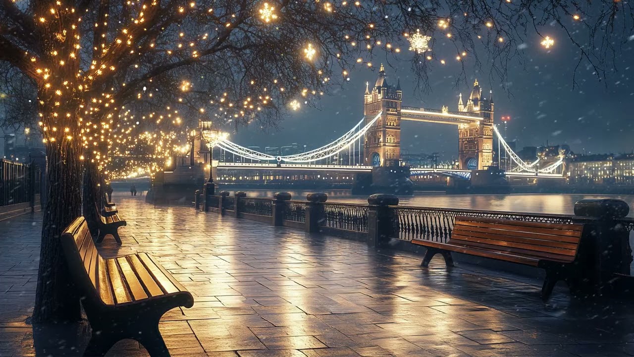 ❄️ Snowy Night on Tower Bridge | Fairy Lights, Gentle Wind & Soft Snowfall Sounds