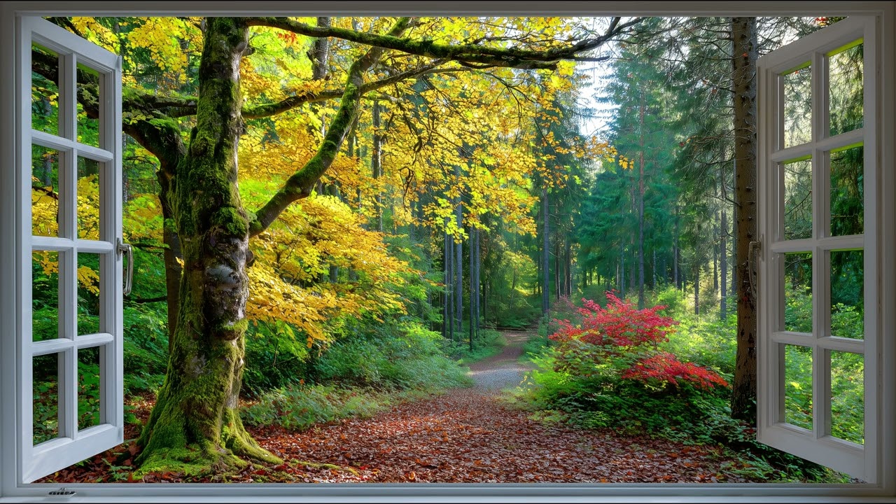 Autumn Forest Window View Screensaver 4K | Peaceful Nature Path with Bird Sounds
