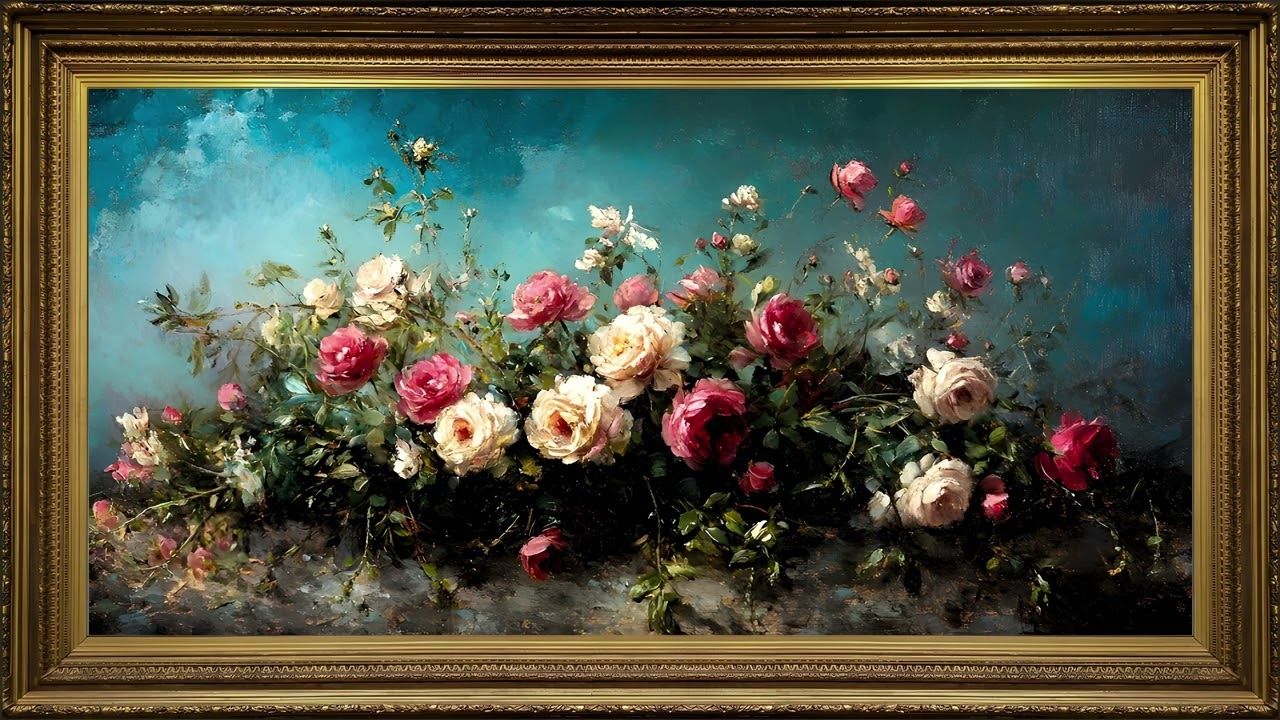 Impressionist Rose Garden, Vintage Oil Painting | Elegant Gold Framed TV Art Screensaver