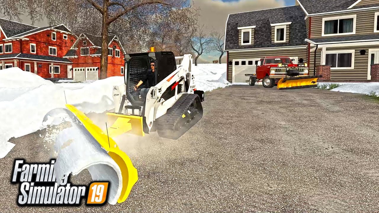 SNOW PLOWING HOUSES! PUSHING 2 FOOT DRIFTS WITH BOBCAT & OLD TRUCK | FARMING SIMULATOR 2019