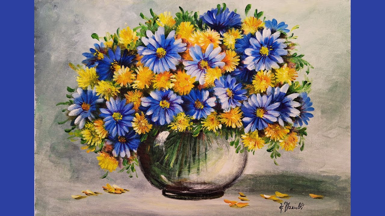 Dipingere con una tecnica semplice un vaso di fiori blu e gialli #flowers #daisypainting #painting