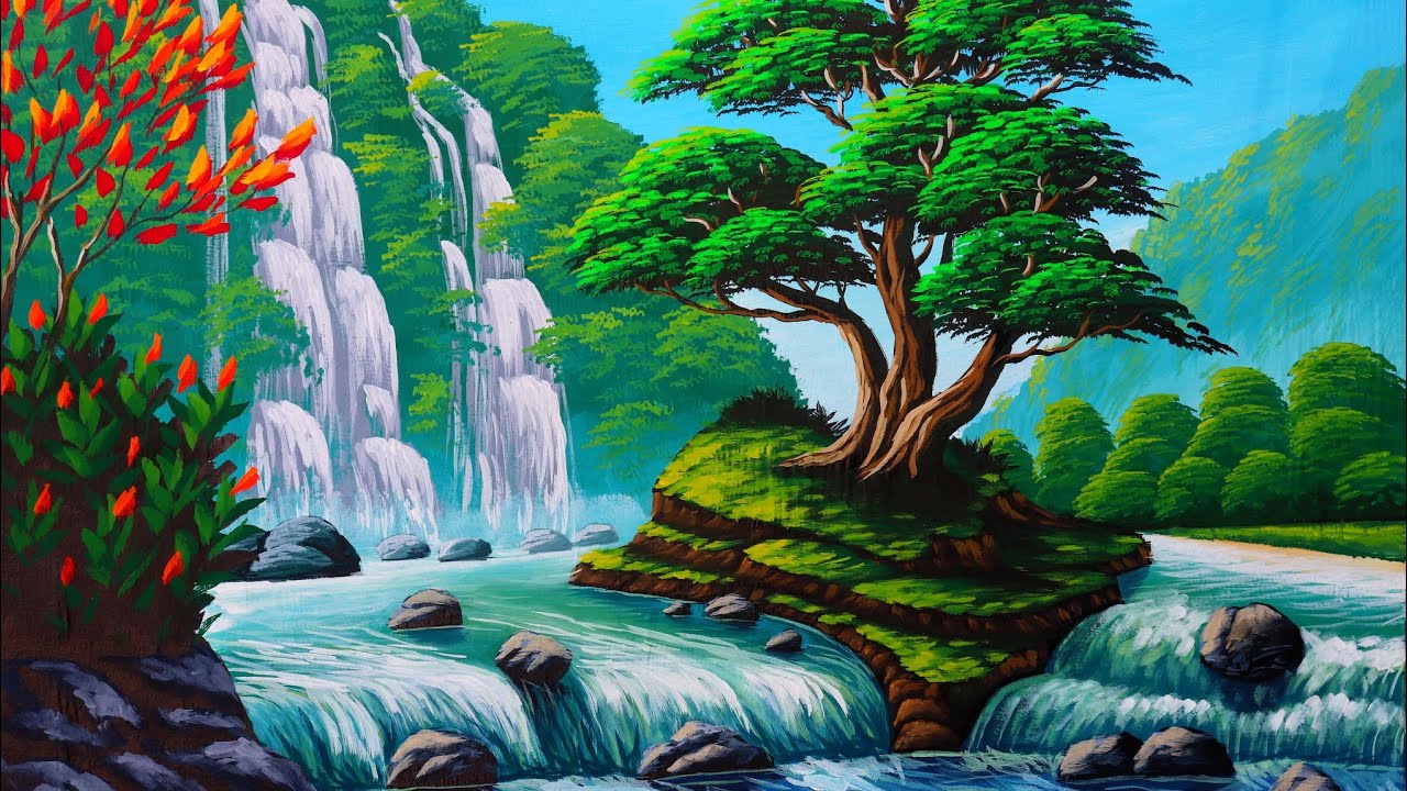 Mountais and waterfalls drawing and painting | Beautiful Nature painting