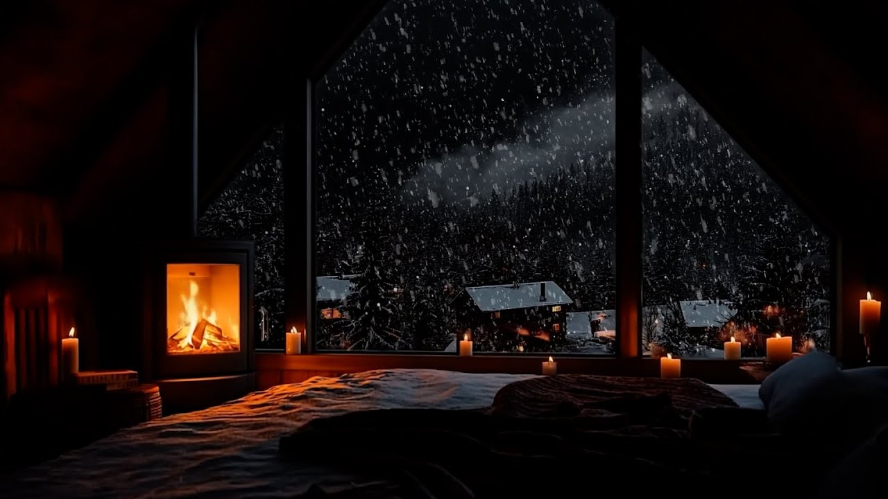 Calm Winter Cabin with Falling Snow & Fireplace Sounds for Sleep | Gentle Blizzard Ambience