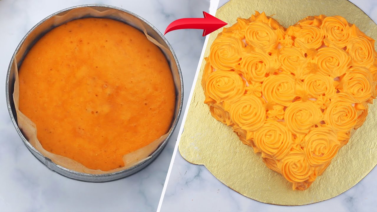 Eggless Orange Birthday Cake Without Oven (Round Cake To Heart Shape Cake) | Delicious