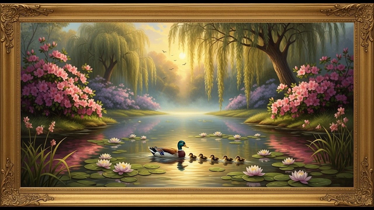 Frame TV Art with Music: Golden Hour Pond: Mother Duck & Ducklings | Antique Style Scenic Art