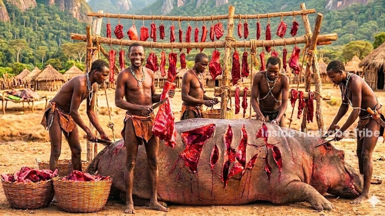 Охота племени хадзабе на бегемотов: древние навыки выживания и приготовления пищи в африканской д...