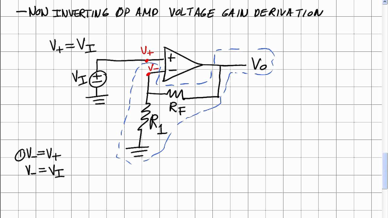 Op-amps 3: Non-inverting Amp Voltage Gain Derivation