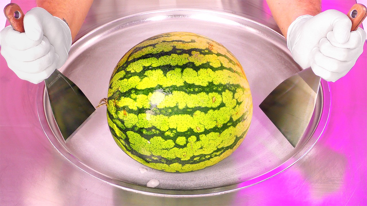ASMR Watermelon Ice Cream Rolls | oddly satisfying Process - chopping, spreading, scratching, relax
