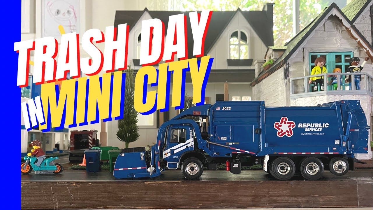 Trash day in miniature, Trash day in lego city, garbage truck videos for kids